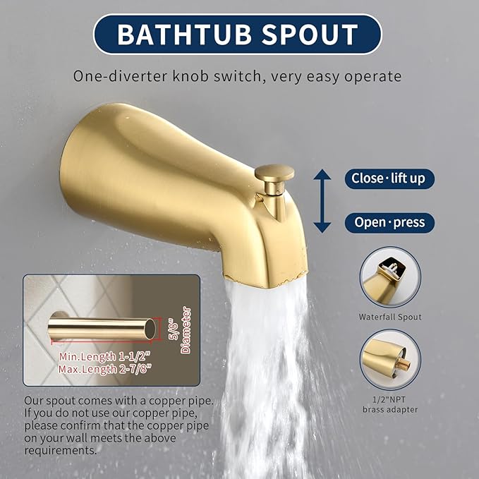 2 Handle Shower Faucet Set with Tub Spout Bathtub Shower Faucet Combo Set Shower System Complete Tub and Shower Trim Kit Brushed Gold Wall Mounted Shower Fixtures