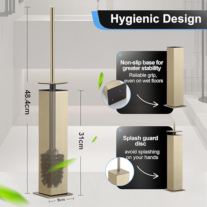 BVL Toilet Brush and Holder Set Brushed Gold Stainless Steel 304 Square Freestanding Toilet Brush for Bathroom