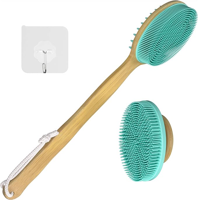 READAEER Silicone Back Scrubber with Long Handle Bamboo, 15.7in Lengthen Long Handle Body Brush for Shower, Double Sided Silicone Head for Back Cleaning and Massage, with a Hook