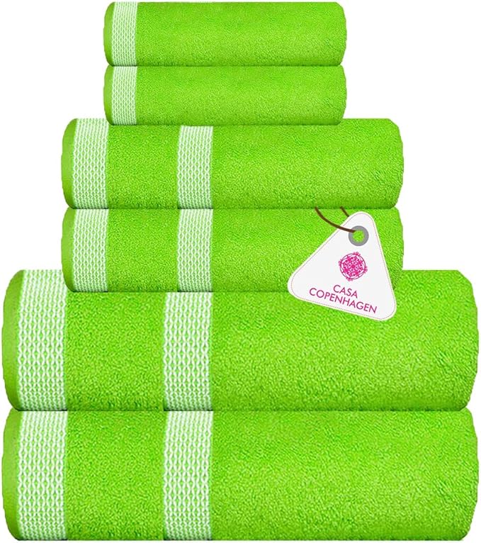 CASA COPENHAGEN Solitaire 6 Pieces Towel Set- Lime Green, 600 GSM 2 Bath Towel 2 Hand Towel 2 Washcloth, Designed in Denmark Made of Soft Egyptian Cotton for Bathroom, Kitchen & Shower