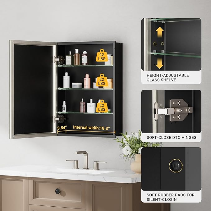 20''x 26'' Brushed Nickel Medicine Cabinet, Recessed or Surface Framed Medicine Cabinet with Beveled Mirror Pre-Assembled, Reversible Bathroom Storage Vanity Cabinet with Adjustable Shelves