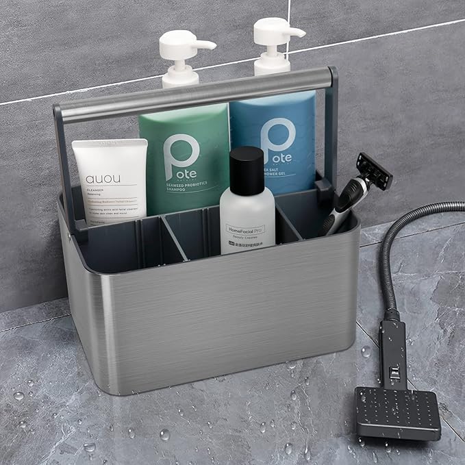 Portable Shower Caddy Basket Bin with Handle and Adjustable dividers for College Dorm, Large Plastic Bathroom Storage Organizer Tote,Gray