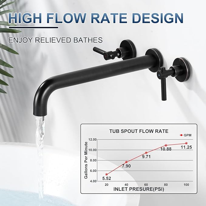 ALEASHA Wall Mount Tub Filler Tub Faucet High Flow Bathtub Faucets Two Handles Solid Brass, 12" Long Spout Reach, Oil Rubbed Bronze