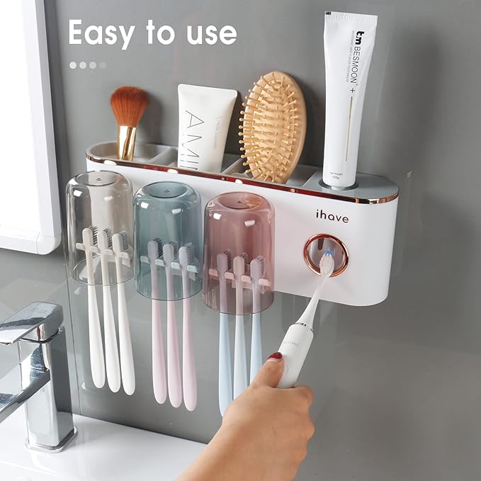 iHave Toothbrush Holders Bathroom Accessories with Toothpaste Dispenser, 3 Cups Toothbrush Holder Wall Mounted Bathroom Decor