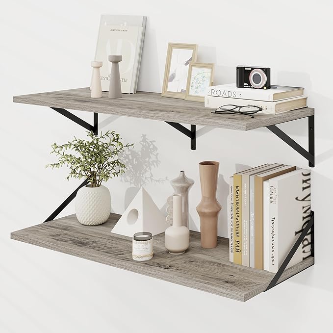 Dreamland Deep Floating Shelves for Wall, Grey Wood Wall Mounted Shelves, Large Floating Shelf 12 * 36 inch Set of 2 for Bookshelf Living Room Bedroom Home Office Bathroom