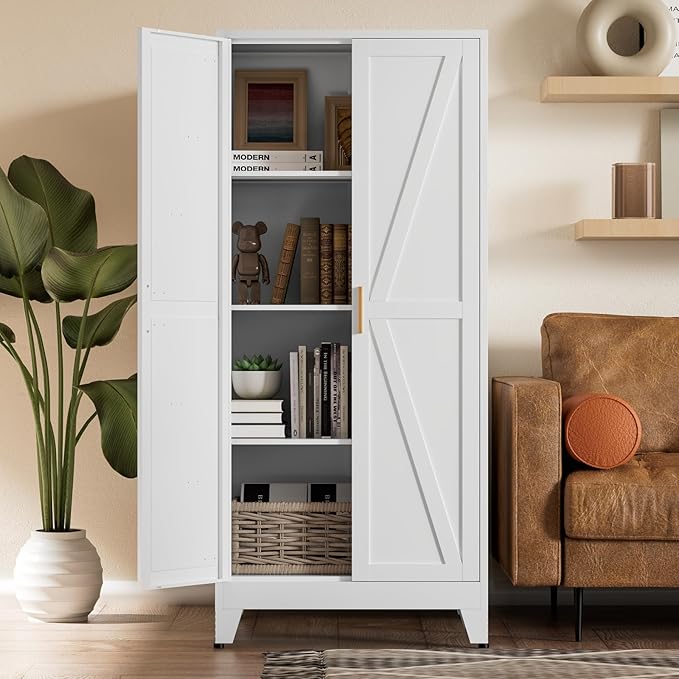 COFaR White Farmhouse Storage Kitchen Pantry Cabinet with 2 Barn Door, 3 Adjustable Shelves and Legs, for Cupboard/Dining Room/Bathroom/Living Room/Office/Laundry Room (White, 61" Farmhouse)