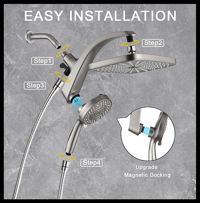 High Pressure Rain Shower Head: Upgrade Shower Heads with Handheld Spray Combo with Fixed Showerhead and 10 Sprays Handheld Shower Head, Detachable Showerheads Built-in Magnetic Docking and Power Jets