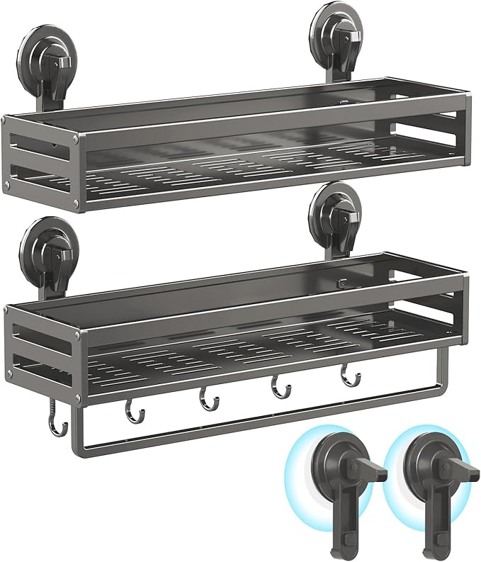 Shower Caddy Suction Cup, 15.8 inch 2 Pack Suction Shower Shelf with Hooks NO-Drilling Bathroom Holder, Rustproof Bathroom Organizer, Includes 2 Extra Suction Cups, Dark Grey