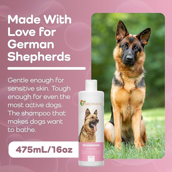 Deshedding Active Clean Dog Shampoo - Deodorizing Dogs Shampoo with Aloe, Argan Oil, Chamomile - Great for German Shepherds & Double Coats - Gentle, Hypoallergenic Dog Shampoo - 475mL