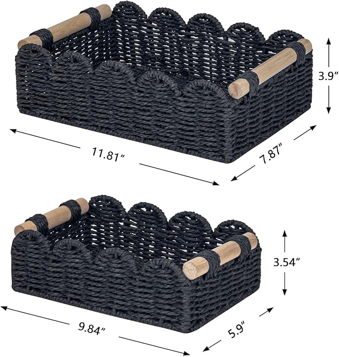 CubesLand Scalloped Edge Decor Baskets for Home, Living Room, Toilet Paper Storage Basket for Over Toilet Shelf, End Table,Shelves and More, Small Paper Rope Baskets Both Storage&Decor, Set 2 Black