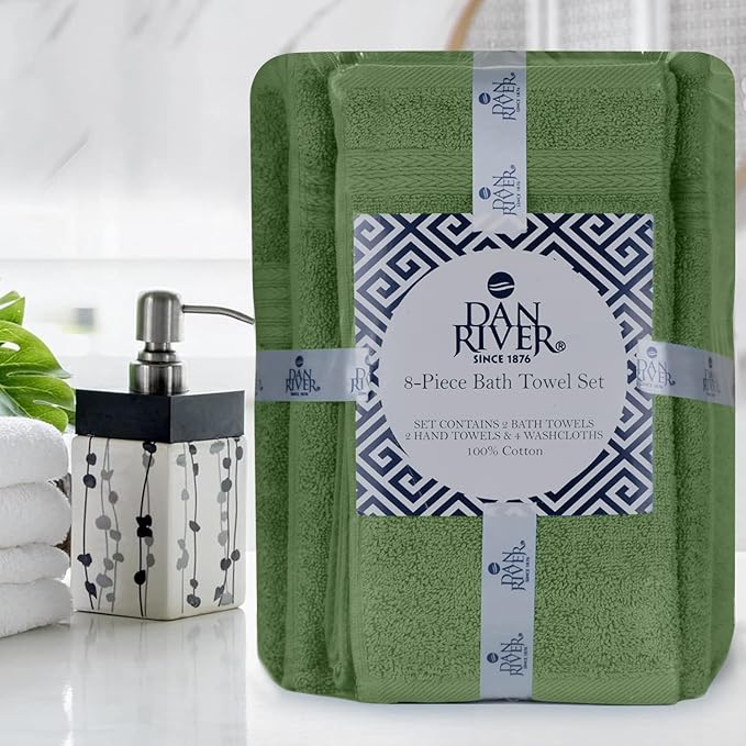 DAN RIVER 8 PC Luxury Bath Towels for Bathroom, 2 Bath, 2 Hand, and 4 Wash Cloths, 600 GSM 100% Ring Spun Cotton Towel Set, Highly Absorbent, Gym, Hotel, and Spa, Sage Green
