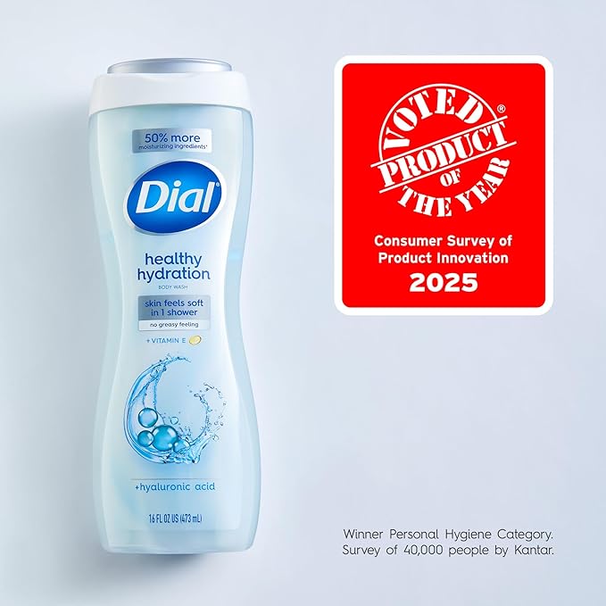 Dial Body Wash, Healthy Hydration, Hyaluronic Acid + Vitamin E, 16 fl oz (Pack of 4), Gentle, Leaves Skin Feeling Soft In 1 Shower, Dermatologist-Tested, No Parabens & Silicones
