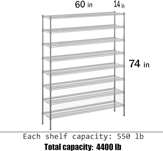 14" Deep x 60" Wide x 74" Height Wire Shelving Kit | 8-Tier | NSF Commercial Storage Rack Unit