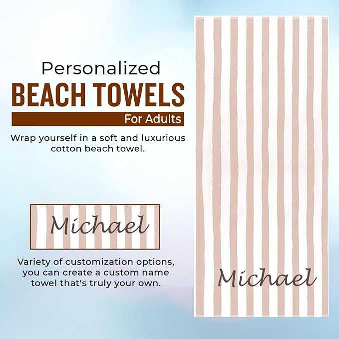 Personalized Passion Beach Towels for Adults - Custom Pool Towels with Name - Highly Absorbent Cotton - Striped Design for Women & Men - Large 70x30 Bath Sheet for Hotel, Swim & Camping - Beige
