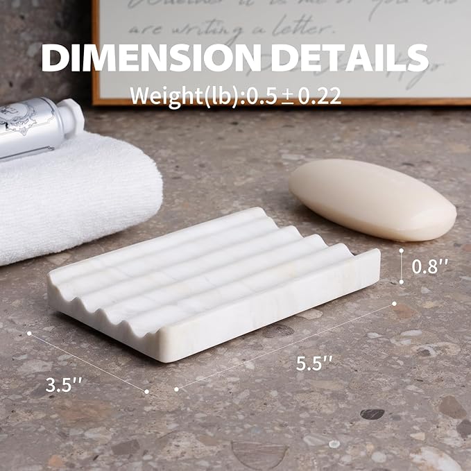 2 Pcs Soap Holder for Bathroom, Marble Soap Dish for Kitchen Countertop, Soap Tray Draining with Creative Wavy Design, Bar Soap Saver for Bath Tub, Sponges, Italian Natural Stone(Agiax)