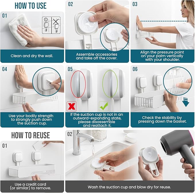 TAILI Shower Caddy Suction Cup 3 Pack, Stainless Steel Rustproof Shelves with Soap Holder Set, Drill-Free Wall Mounted Basket, Heavy Duty Removable Bathroom Organizers & Home Decor, White