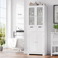HORSTORS 67" Tall Bathroom Storage Cabinet, Freestanding Linen Cabinet with Glass Door and Shelves, Kitchen Pantry with 2 Drawers for Bathroom, Living Room, Dining Room, Office, White