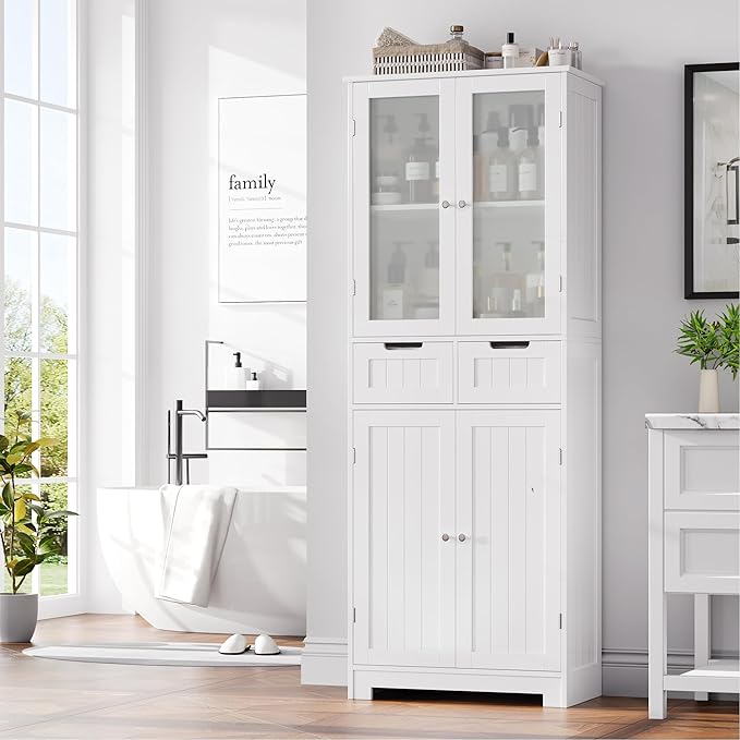 HORSTORS 67" Tall Bathroom Storage Cabinet, Freestanding Linen Cabinet with Glass Door and Shelves, Kitchen Pantry with 2 Drawers for Bathroom, Living Room, Dining Room, Office, White