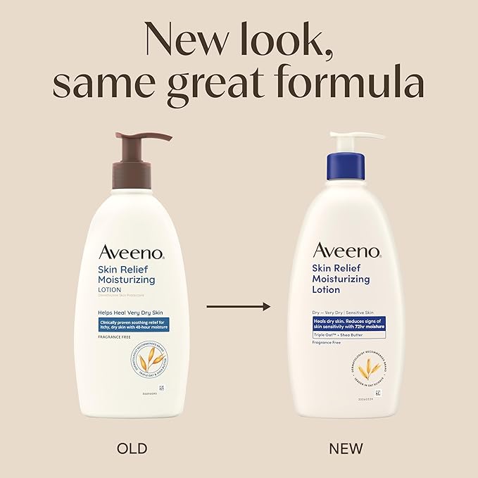Aveeno Skin Relief Moisturizing Lotion Heals Very Dry, Sensitive Skin, Fast-Absorbing Body Lotion with Soothing Triple Oat & Shea Butter Formula, Fragrance Free, Non-Comedogenic, 12 fl. oz