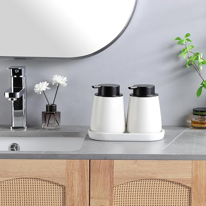 2 Pack White Round Soap Dispenser Tray - 8'' Ceramic Vanity Tray & Organizer Plate Set, Bathroom & Kitchen Countertop Decor for Soap Dispenser, Jewelry, Cosmetics, Sink