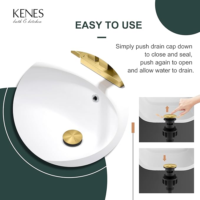 KENES Brushed Gold Pop Up Bathroom Sink Drain with Overflow, Bathroom Sink Drain Assembly with Strainer Pop Up Drain, Lavatory Bathroom Vanity Sink Pop Up Drain Stopper