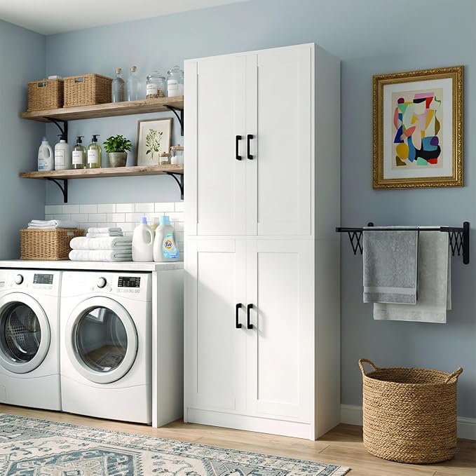 71" Tall Kitchen Pantry Cabinet, Freestanding Food Storage Organizer with Doors & Adjustable Shelves, Large Utility Hutch Cupboard for Dining Room, Living Room, Bathroom & Home Office, White