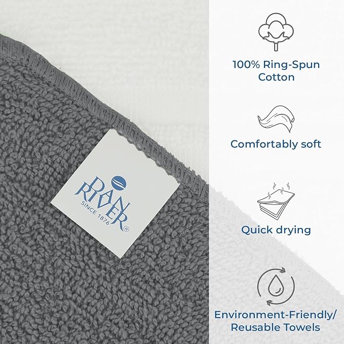 DAN RIVER 100% Cotton Washcloths 20 Pack Premium Quality Face and Body Cloth, Quick Dry Essential Towels for Bathroom, Hand, Kitchen & Cleaning, Baby Rugs | 11X11 in | 400 GSM | Grey + White
