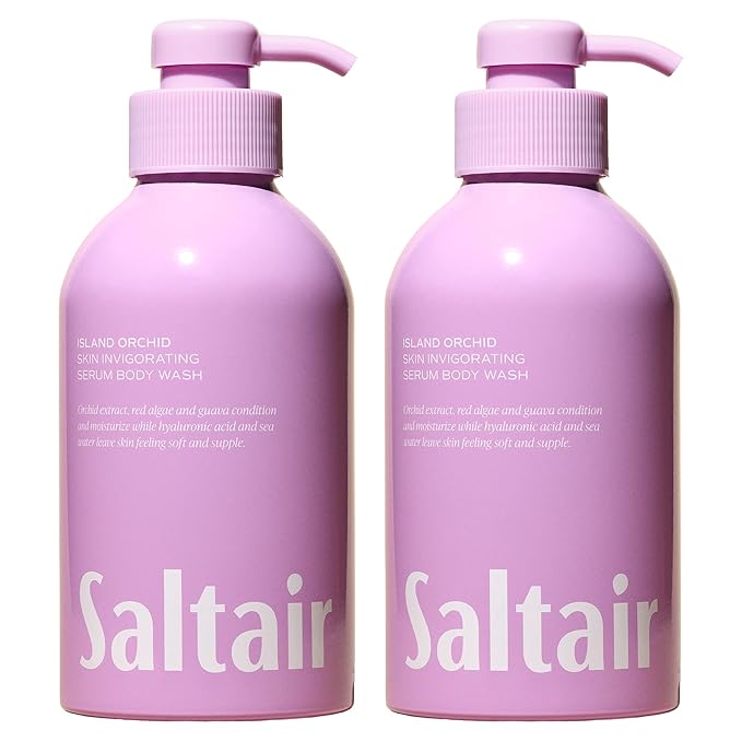 Saltair Body Wash, Island Orchid 2-Pack. Moisturizing Body Cleanser with Monoi Oil and Cupuacu Butter. Luxury Shower Gel for Women and Men. Vegan, Cruelty-Free, Paraben-Free. 2x 17oz Pump Bottles
