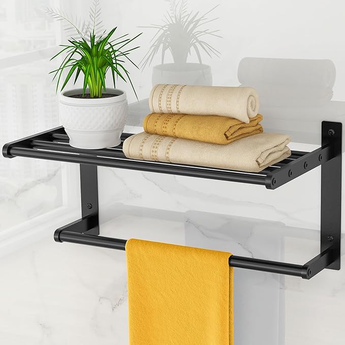 Bathroom Shelf with Towel Bar, 16" Metal Towel Racks for Bathroom Wall Mounted, Rustproof Towel Rack with Shelf Shower Towel Holder Apartment Essentials Bathroom Accessories - Black