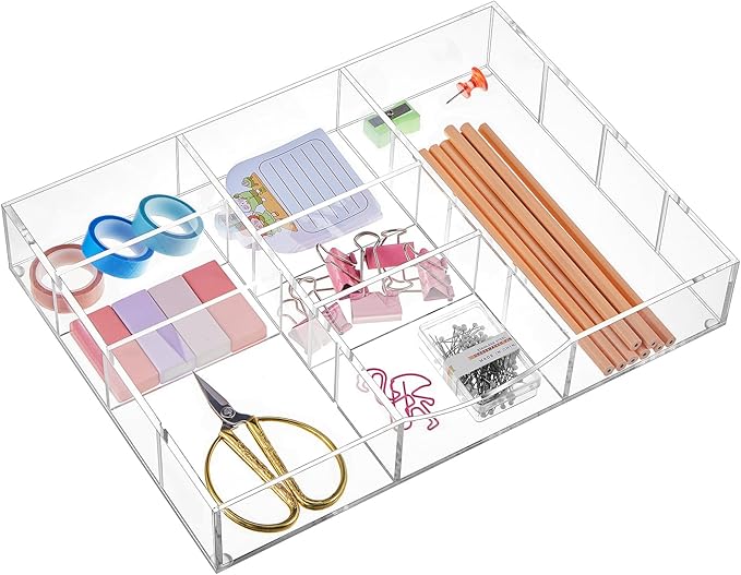 Acrylic Drawer Organizer Clear Desk Drawer Organizer Trays with Adjustable Compartments Desk Accessories for Office Stationery Makeup Silverware Bathroom (Non Expandable)