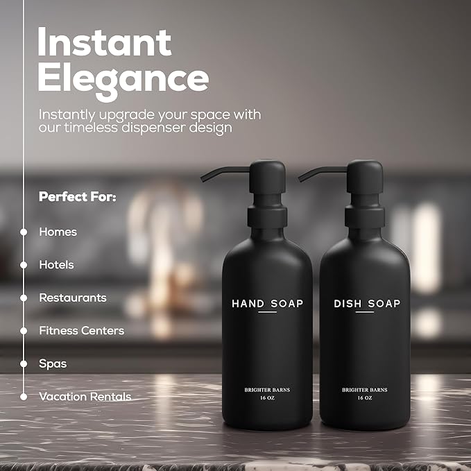 Black Glass Hand and Dish Soap Dispenser Set by Brighter Barns - Kitchen Soap Dispenser Set & Pump - Glass Bottles for Kitchen Sink - Modern Farmhouse Counter Decor, Neutral Home Decor, Gifts (Black)