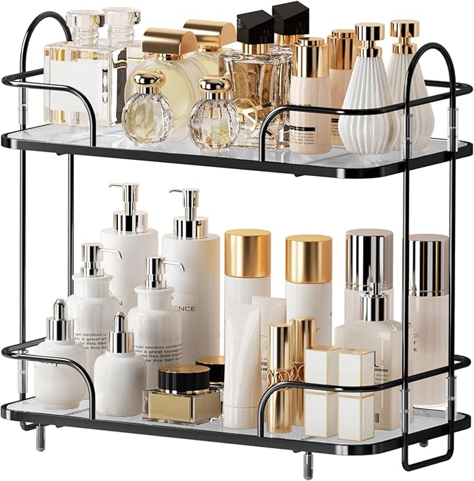 2 Tier Corner Bathroom Counter Organizer, Cosmetic Skincare Organizer, Bathroom Countertop Perfume Tray Vanity Organizer, Kitchen Spice Corner Storage Shelf