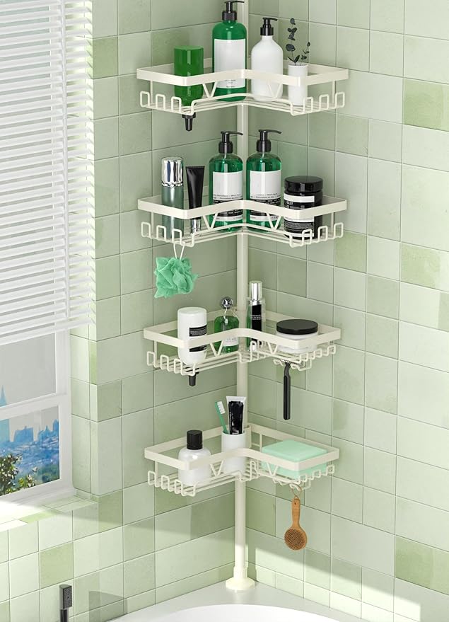 Corner Shower Caddy Tension Pole, 4-Tier Adjustable Corner Shower Caddy with Soap Dish & Razor Holder, Stainless Steel Tension Pole Shelf Fits Bathtub & Floor 25-114.2 inches(Off-white)