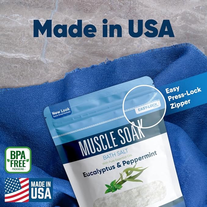 Muscle Soak Bath Salt 32 Ounces Epsom Salt with Natural Peppermint and Eucalyptus Essential Oils Plus Vitamin C in BPA Free Pouch with Easy Press-Lock Seal