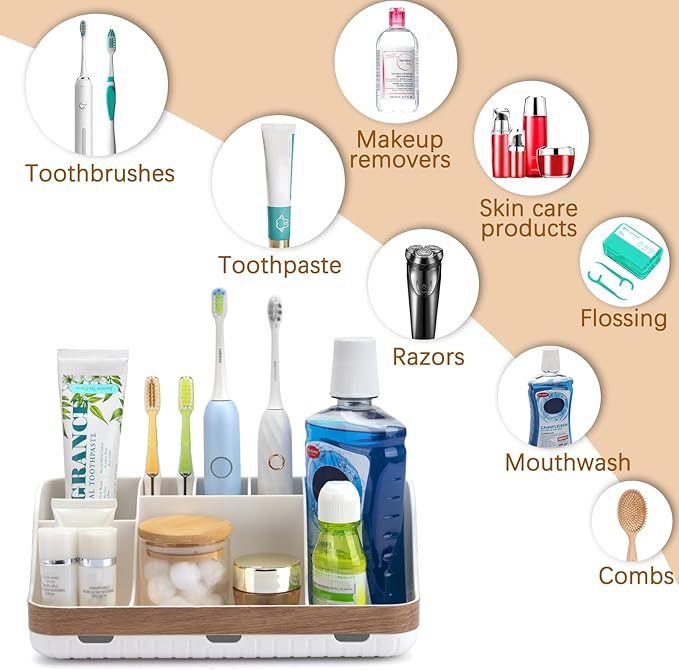 Bathroom Countertop Organizer - Detachable 7 Slots Kids Electric Toothbrush and Toothpaste Holde Drainage for Bathroom Accessories Organization Counter Vanity Storage, Woodgrain