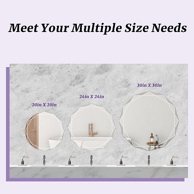 Bathroom Mirror for Wall, 24" x 24" Circle Bathroom Vanity Mirror, Beveled Edge Frameless Wall Mount Vanity Mirror, Decorative Round Irregular Beveled Edge
