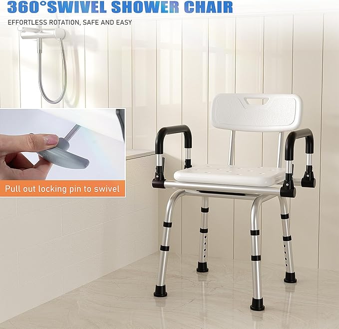360 Degree Shower Chair Swivel,Shower Seat with Armrests and Back, Adjustable Bathroom Shower Chair