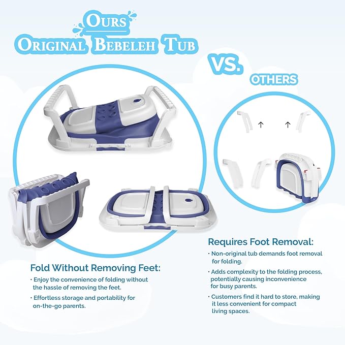 BEBELEH™ Collapsible Baby Bathtub – Bathtub + Baby tub Sling + Newborn Sling – Baby Bathtub Newborn to Toddler 0-24 Months – The Ultimate Travel Baby Bath Tub and Everyday Use! (Blue)