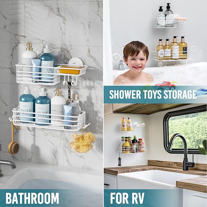 TAILI Shower Caddy Suction Cup 2 Pack with Hooks & Soap Holder, Heavy Duty Shower Organizer for Bathroom, No Drilling Bathroom Organizer with Large Capacity, Metal Storage Basket-White
