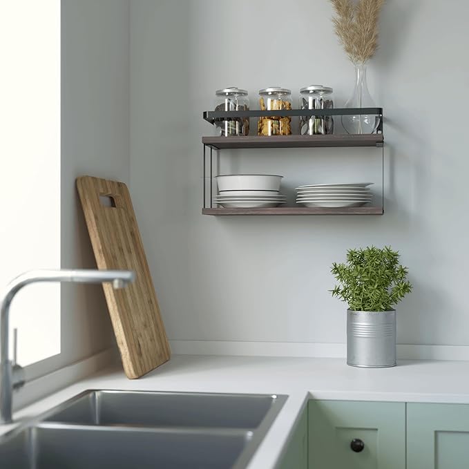 RICHER HOUSE Dual-Level Guardrail Bathroom Shelves, Wood Floating Shelf Wall Mounted, Over Toilet Paper Storage Shelf for Bathroom Wall Decor, Bathroom Organizers and Kitchen Storage - Rustic Brown
