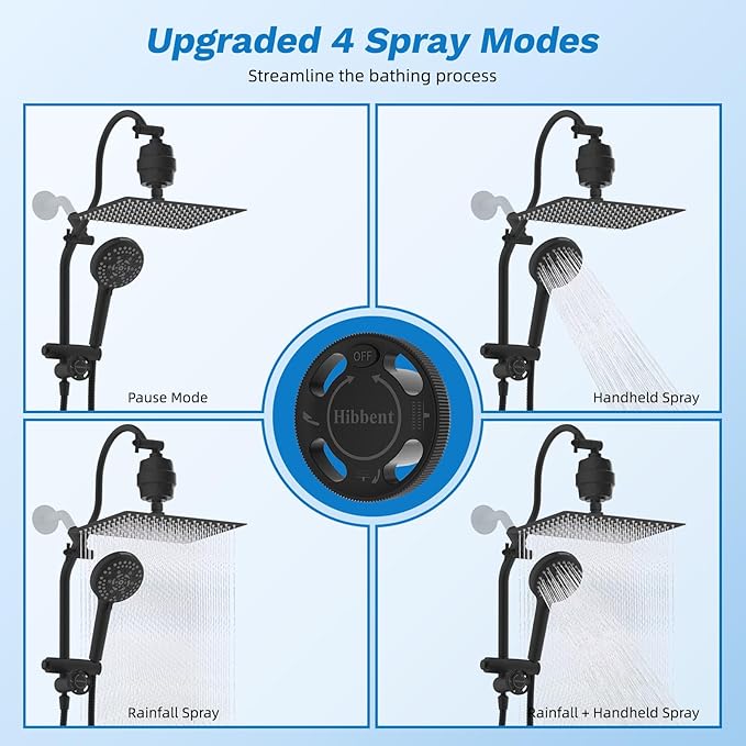 Hibbent Dual Filter All Metal 12" Rainfall Showerhead Combo, High Pressure Filter Shower Head with 10-Spray Mode Handheld, 4-way Diverter with Pause Mode, 71'' Shower Hose and Holder, Matte Black