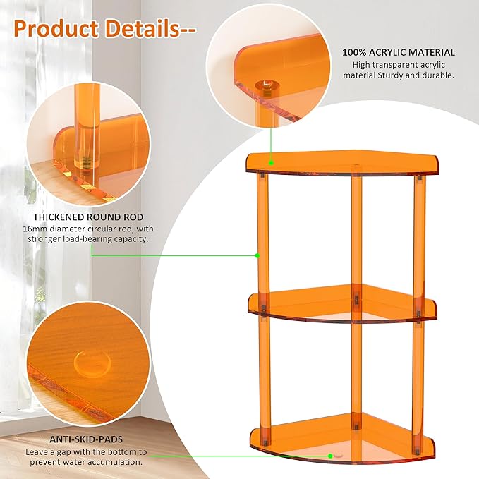 3 Tier Countertop Corner Organizer Shelf 7x7x15.7 Inch, Orange Countertop Acrylic Bathroom Corner Shelf, Vanity Storage Organizer for Cosmetics, Toiletries