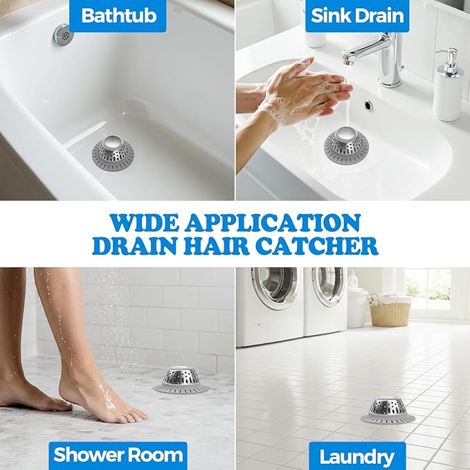 zaa Drain Hair Catcher - Bathtub Drain Cover, Hair Stopper for Bathtub Drain, 304 Stainless Steel Drain Protector and Hair Trap for Flat & Pop-up Drains, Silver Gray