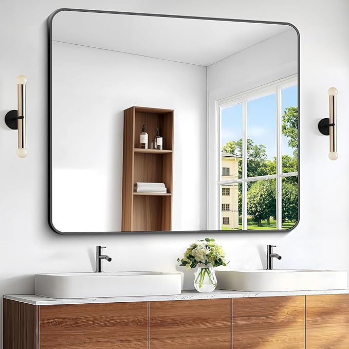 BONEWEI Black Bathroom Mirror,40x48 inch Wall Mirror for Bathroom Wall Mounted,Rectangle Mirror for Bathroom Over Sink,Modern Frame Round Corner for Living Room,Bedroom Entryway,Horizontal/Vertical