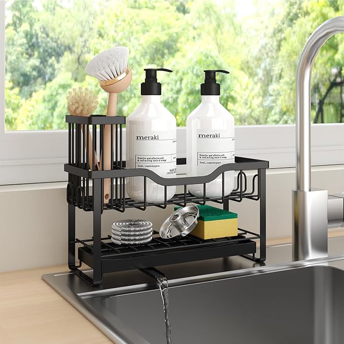 2-Tier Sponge Holder for Kitchen Sink, Caddy Organizer with High Brush Holder, Durable & Rustproof Kitchen Sink Accessories (Black)