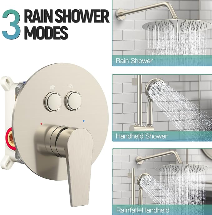 SR SUN RISE Shower System: 10 Inch Rainfall Shower Head with Handheld Combo Set - Slide Bar Bathroom Shower Faucet Set Wall Mounted (Valve and Trim Kit Included) - Brushed Nickel