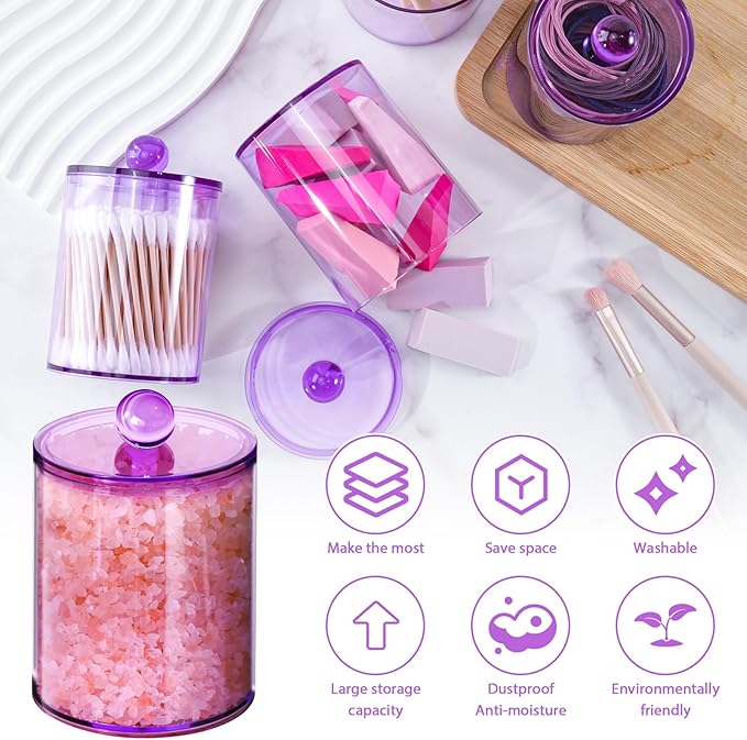 4 Pack Qtip Holder,Canister Apothecary Jar Set, Bathroom Jars with Lids Set for Cotton Swabs, Balls, Pads, Floss Picks,10oz-12oz Plastic Canisters Restroom Bedroom Vanity Organizer(Purple)