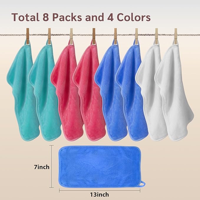 Nugilla Reusable Makeup Remover Cloths, 8 Packs Microfiber Cleaning Cloth Fast Drying Facial Washcloth, Ultra Soft Washing Towel for All Skin, 7 x 13 inch Green/Pink/Blue/White