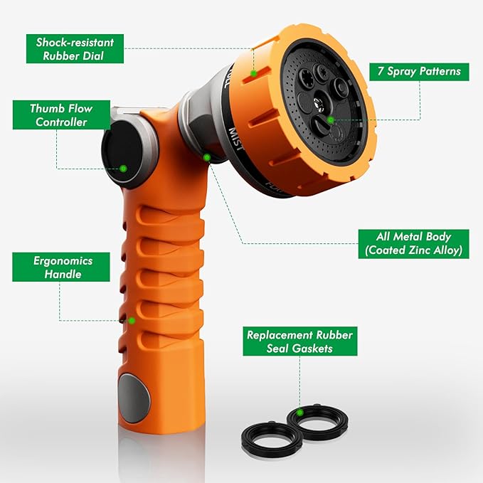 RESTMO Heavy Duty Hose Nozzle, Metal Garden Water Hose Sprayer with 7 Watering Patterns, Thumb Control, On Off Valve, High Pressure Nozzle Sprayer for Watering Plants, Car and Pet Washing, Orange