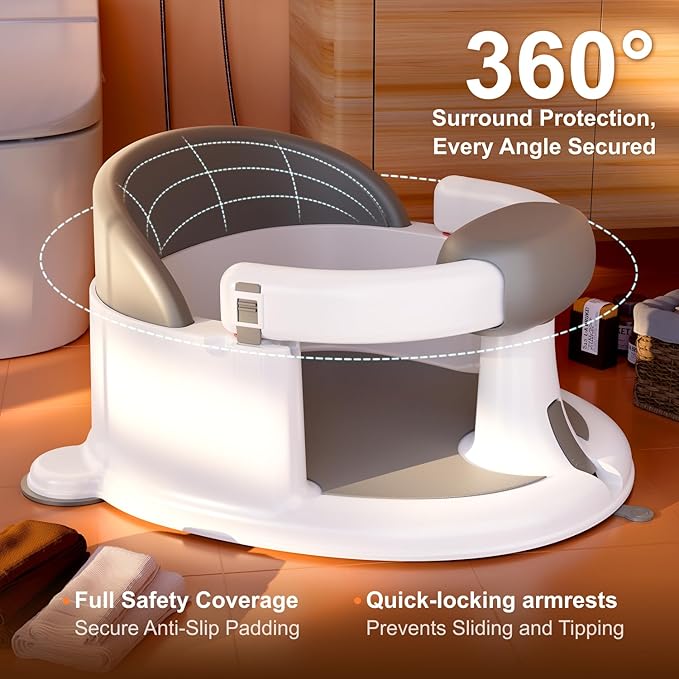 Baby Bath Seat for Babies: Non-Slip Infant Bathtub Chair with Suction Cups, Safe & Comfortable Baby Bath Support, Ideal for Sitting Up, Easy to Clean, Stable Design, Grey (6-24 Months)